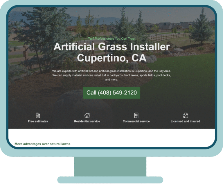 A computer screen displays a website for an artificial grass installer in Cupertino, CA, featuring a phone number and service icons for estimates, residential, commercial, and licensing. | Miss Cieline