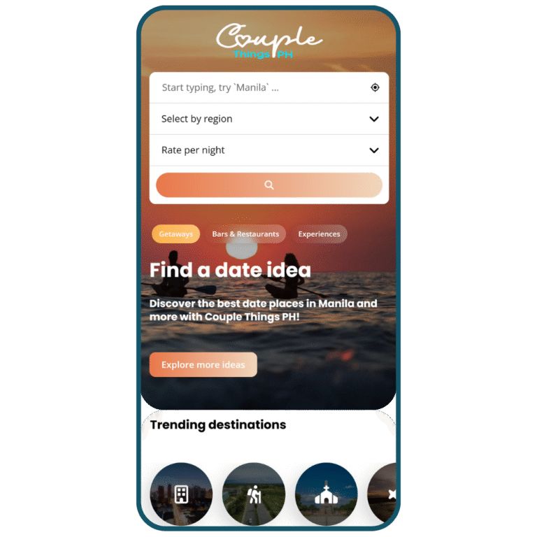 Mobile app interface for "Couple Things PH" showing search filters, a section to find date ideas, and trending destinations at the bottom. | Miss Cieline