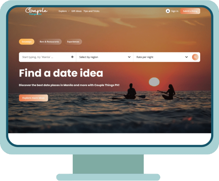 A computer screen displays a website homepage with a search bar and two people paddling on surfboards at sunset. The site promotes date ideas and experiences. | Miss Cieline