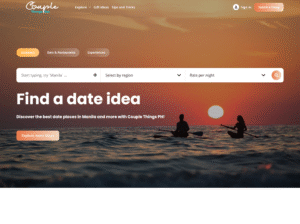 Two people kayaking on the sea at sunset with the text "Find a date idea" and a search bar overlayed on the website homepage for Couple Things PH. | Miss Cieline