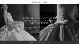 Black and white webpage showing two bridal gowns, with text stating "Shehzarin Batha Couture is a bold reimagining of luxury bridal couture" and a "Discover Our World" button. | Miss Cieline